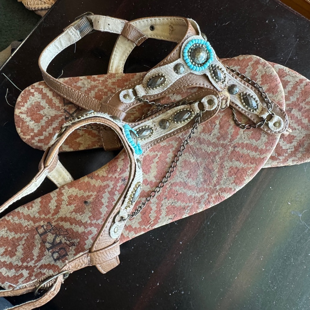 Buckle Tan and Turquoise Embellished Sandals